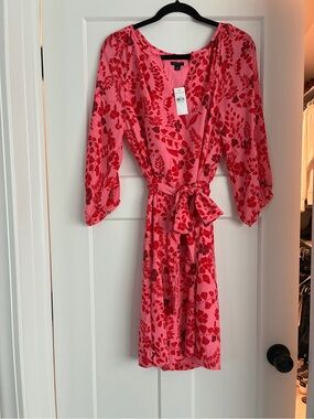 Ann Taylor Pink Dress with Red Floral Print Tie-Waist